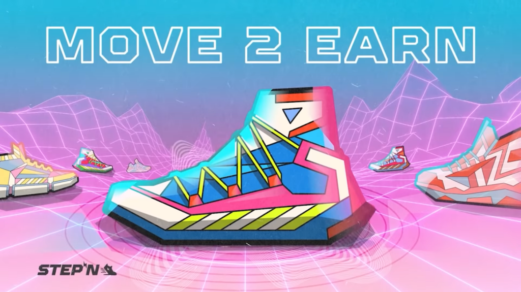 move and earn and sneakers depicted on pink background