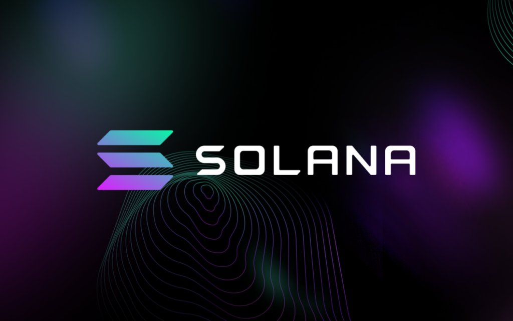 A logo of Solana, featuring a neon, dark, and techy design