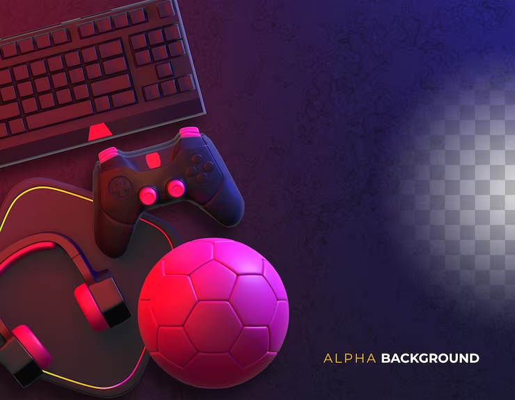 a keyboard, controller, headset, and a pink-shaded ball