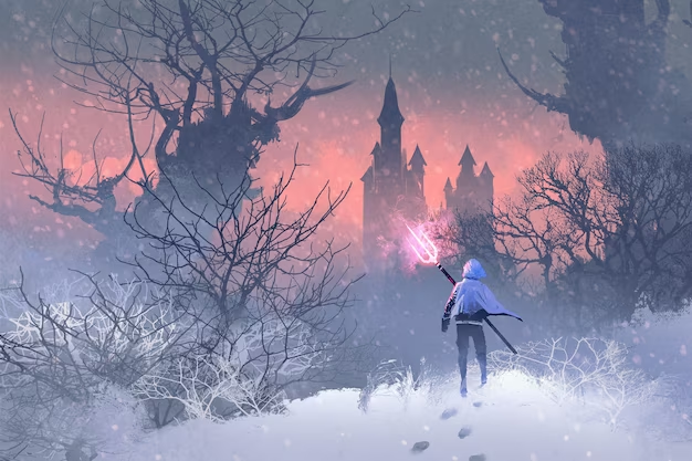 The character of the game with a staff stands on the background of the castle