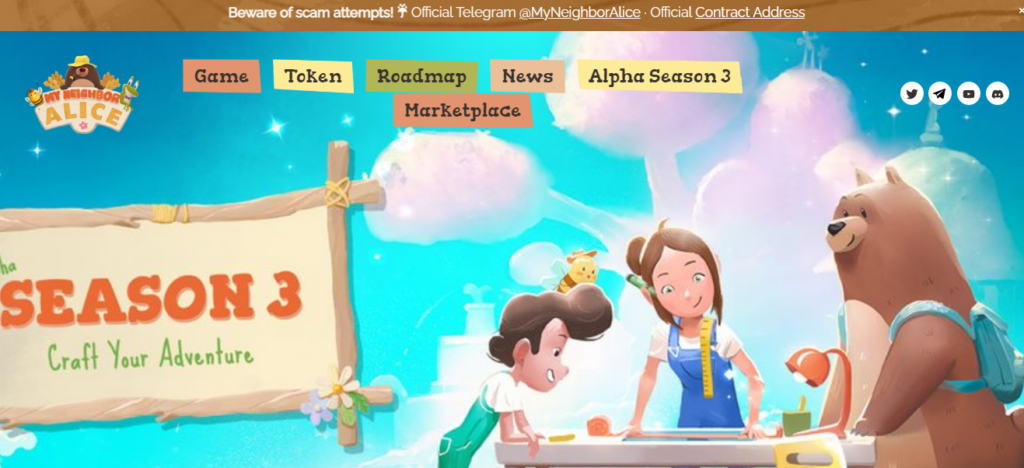 My Neighbor Alice: homepage of the game’s official website