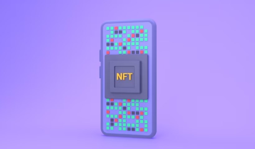 NFT digital crypto art concept in a 3D smartphone