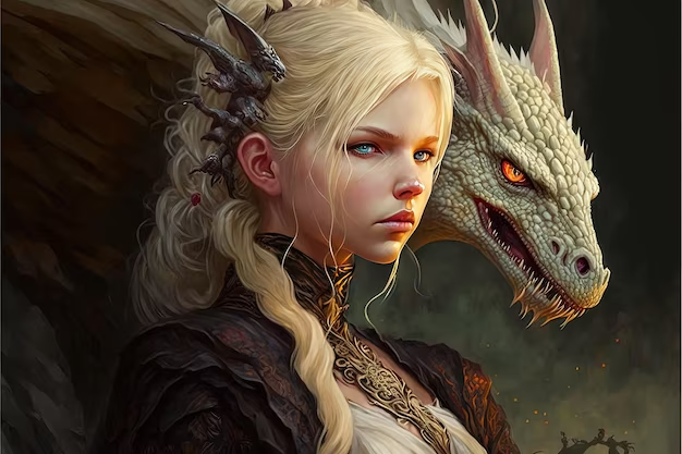 The girl is standing next to the dragon