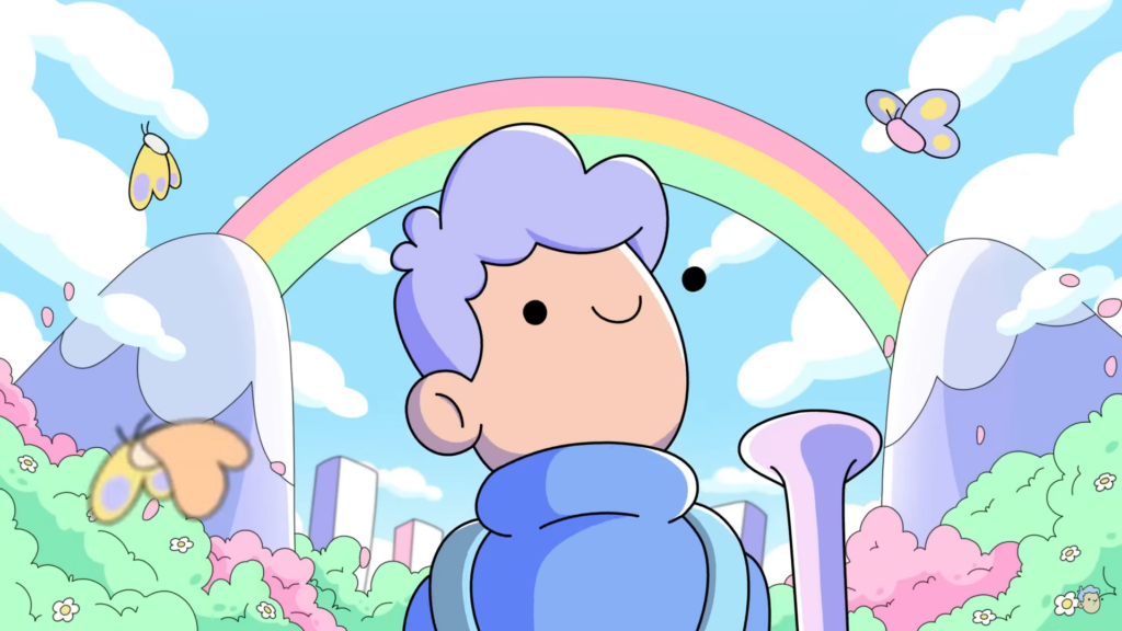 character looks at the rainbow