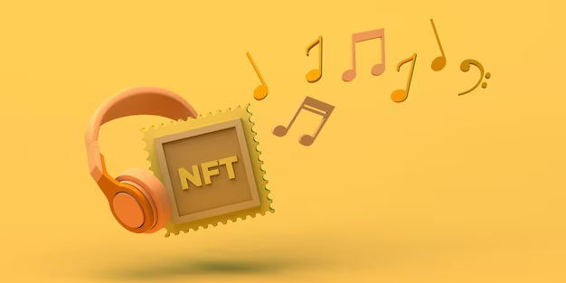 Yellow graphic with 'NFT' text surrounded by music notes
